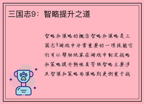 三国志9：智略提升之道